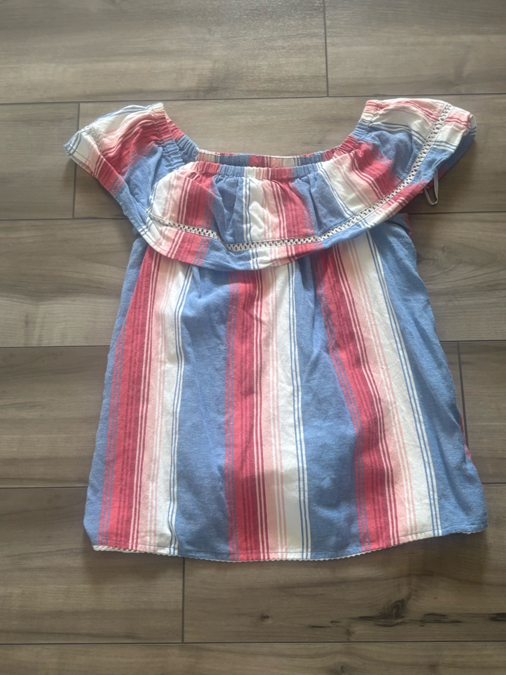 Blue Red White Striped Off-Shoulder Ruffle Top